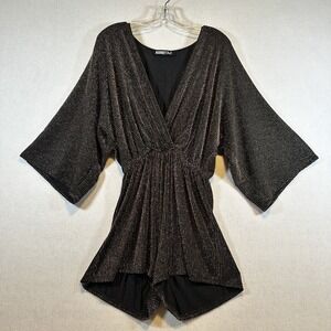 Audrey 3+1 Womens Black Gold Metallic Striped Romper Kimono‎ Sleeve V-Neck XL